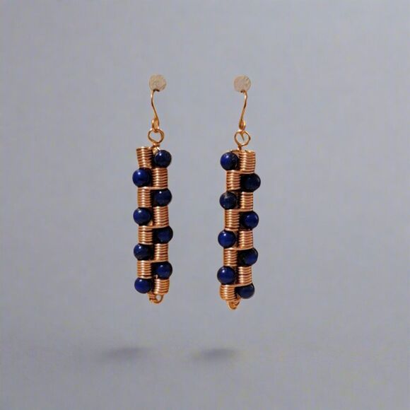Handmade Copper Coil Bead Earrings – Artisan Dangle Jewelry with Blue Beads - Picture 1 of 7
